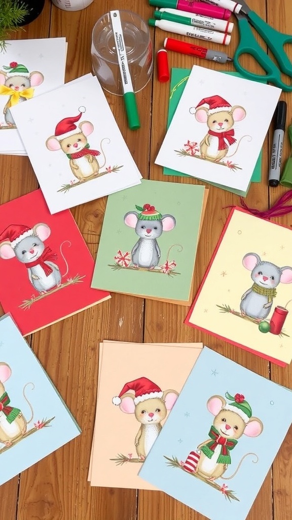 Handmade Christmas cards with mouse designs on a crafting table.